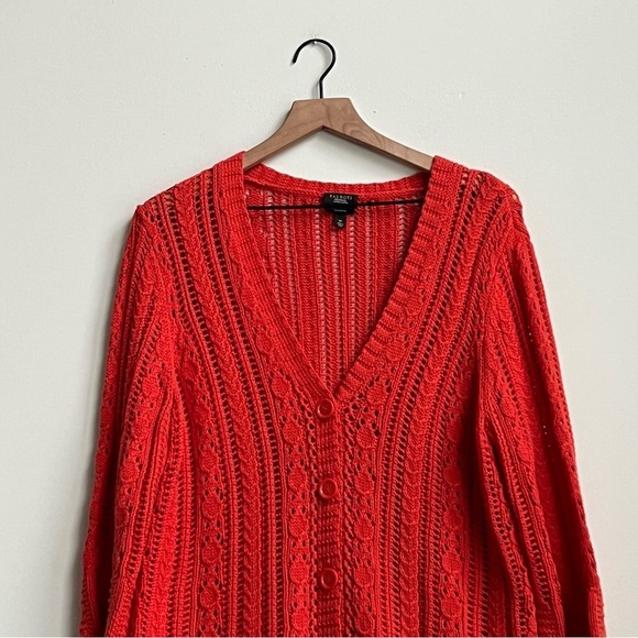 Talbots Open Stitch V-Neck Button Down Pima Cotton Cable Knit Cardigan pointelle - Picture 5 of 11